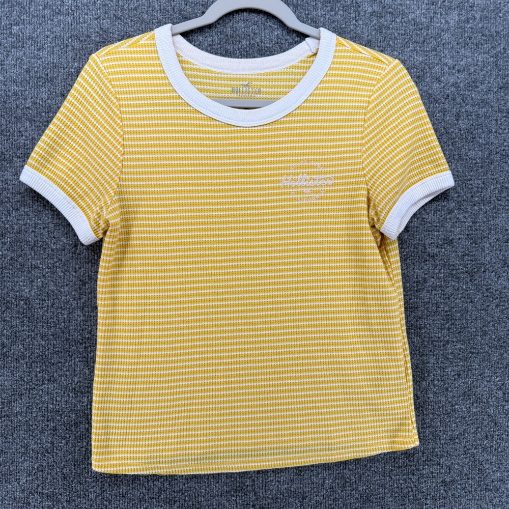 Hollister Y2K Top Womens L Yellow Ribbed Striped Baby Tee Fitted 90s Casual Crew